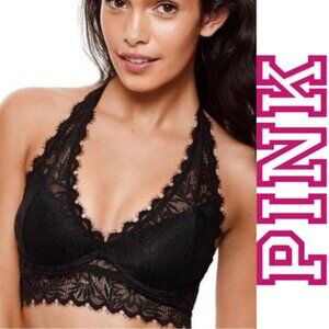 Victoria's Secret PINK | Black Halter Lace Bralette Lightly Lined | Size Small